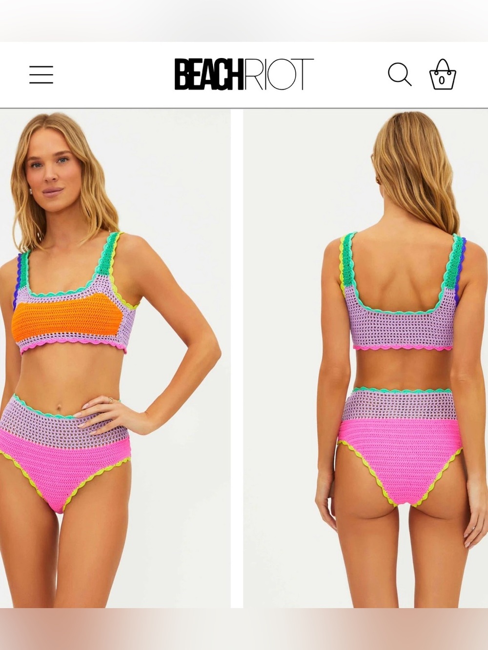 Beach Riot Andy Top and Bottom Crochet Bikini in Technicolor Rays